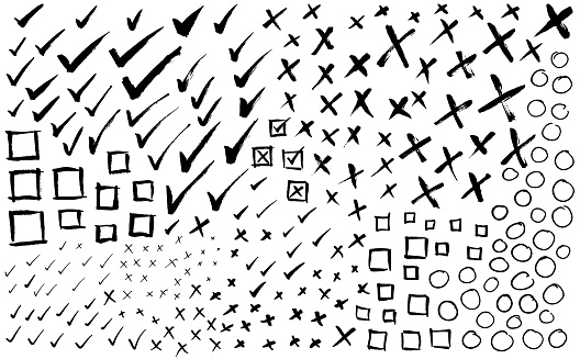 hand drawn Ticks, crosses, squares and circles sketches and vector doodle illustrations
