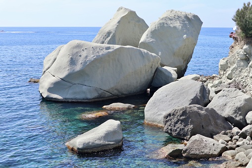 Forio, Campania, Italy - May 13, 2022: Lovers' rocks from the coastal road of Via Giovanni Mazzella