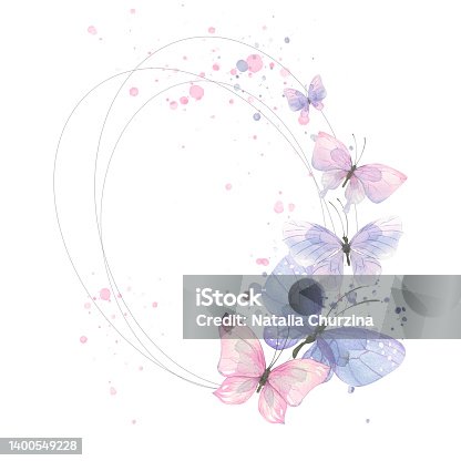 istock Oval frame with butterflies and splashes of paint. Delicate, airy, watercolor illustration. For the design and decoration of postcards, posters, invitations, souvenirs, weddings, parties. 1400549228