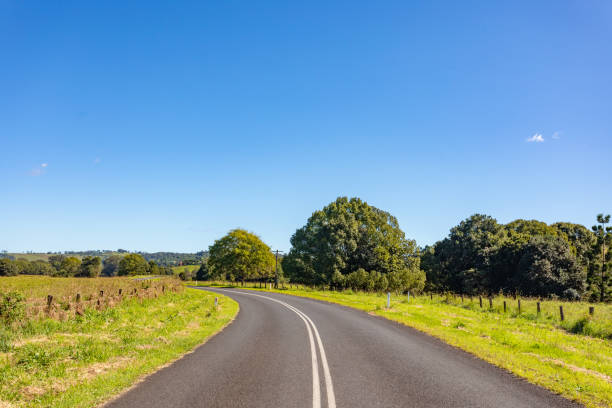 istock Rural country road under sunny clear blue sky 1400550770