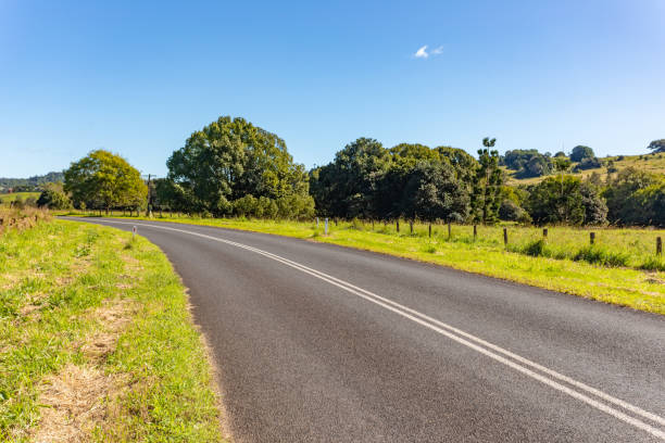 istock Rural country road under sunny clear blue sky 1400550780
