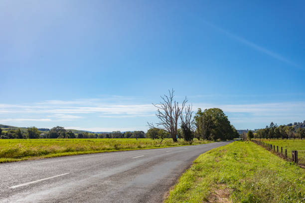 istock Rural country road under sunny clear blue sky 1400550799