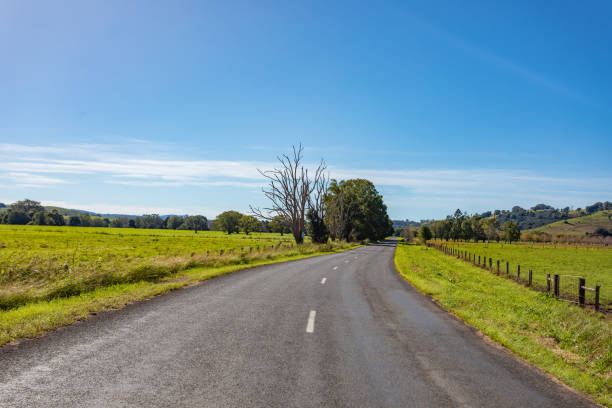 istock Rural country road under sunny clear blue sky 1400550803