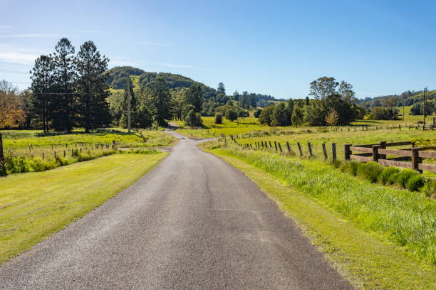 istock Rural country road under sunny clear blue sky 1400550874