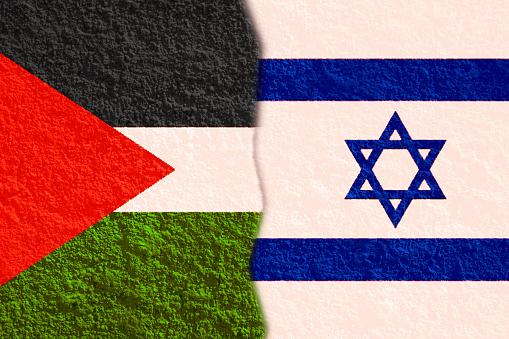 Palestine confrontation with Israel. Concept of flags. War and military.