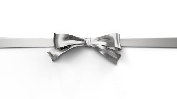 istock Gift Silver Ribbon with Bow. Top View Mockup Template for Christmas, Easter, Valentines Day and Birthday Decor Isolated on White Background. 3D Illustration. File with Clipping Path. 1400553457