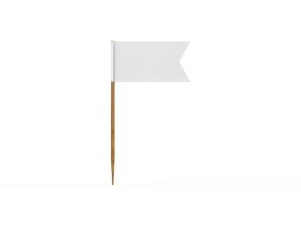 Blank decorative topper flag for branding and promotion, wooden stick flag mockup on isolated white background, 3d render illustration stock photo