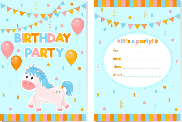 ilustrações de stock, clip art, desenhos animados e ícones de birthday invitation card with ponies and balls, vector illustration - unicorn pony horse cartoon