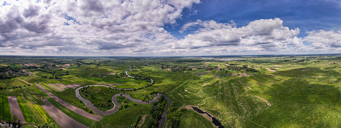 Panoramic View Nida River and Countryside Landscape in Swietokrzyskie, Poland.