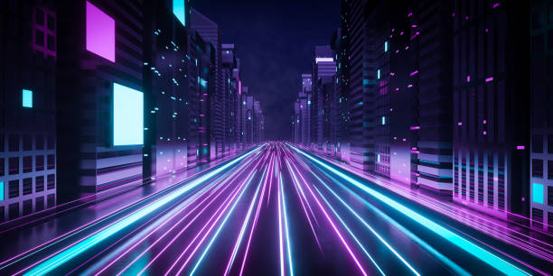 rendering 3d futuristico della città cyberpunk. - city speed lighting equipment night foto e immagini stock