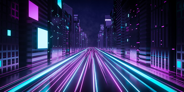 3d rendering futuristic cyberpunk city with blue and pink light trail. Concept sci fi downtown at night with skyscraper, highway and billboards.