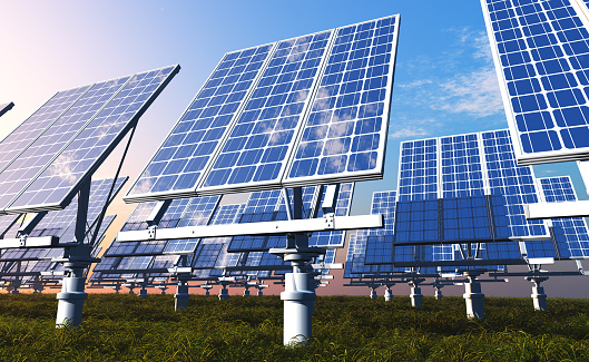 Solar panel on green grass.,3d render