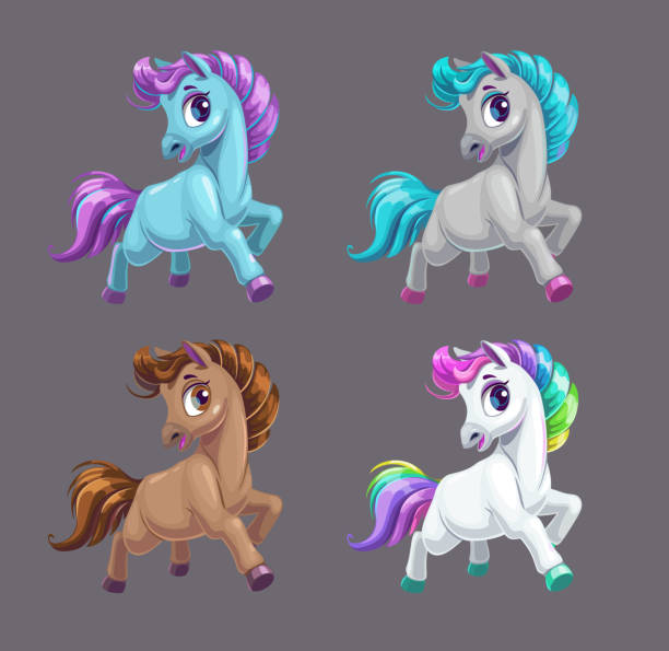 ilustrações de stock, clip art, desenhos animados e ícones de little cute cartoon horse icons, fairy pony set. - unicorn pony horse cartoon