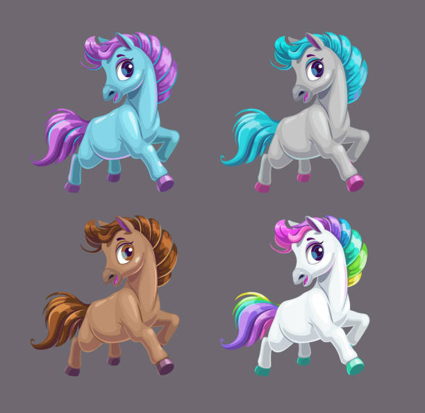 Little cute cartoon horse icons, fairy pony set. Little cute cartoon horse icons. Beautiful fairy pony set. Vector illustration for girlish print design. pony stock illustrations