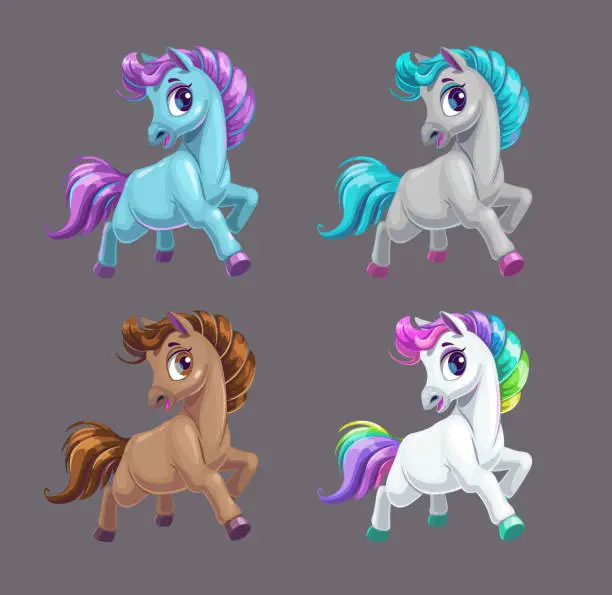 Vector illustration of Little cute cartoon horse icons, fairy pony set.