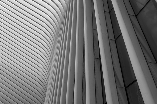 black and white view of the Oculus station of the world trade center in New York, May 20, 2022
