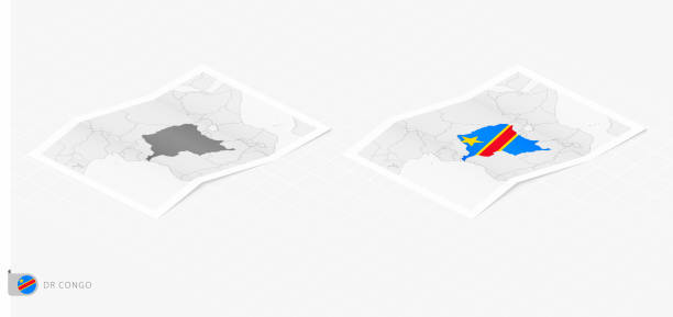 Set of two realistic map of DR Congo with shadow. The flag and map of DR Congo in isometric style. Set of two realistic map of DR Congo with shadow. The flag and map of DR Congo in isometric style. Vector template. kinshasa stock illustrations