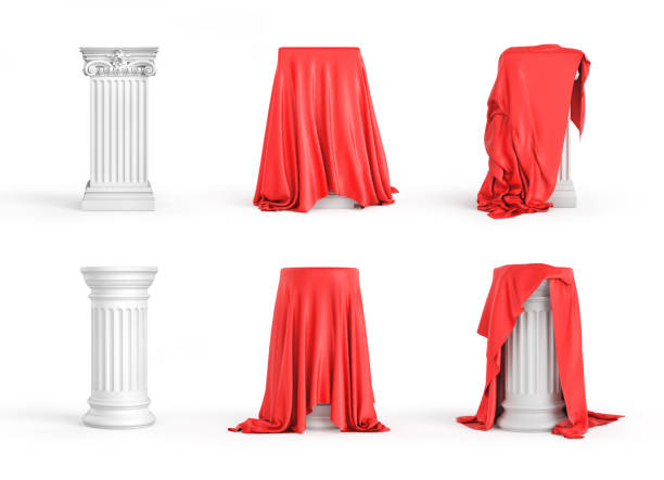 pedestal com pano em um fundo branco. ilustração 3d - red veil - fotografias e filmes do acervo