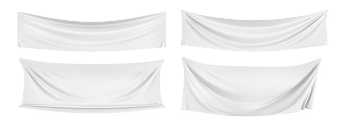 White cloth flags and banners on a white background. 3d illustration
