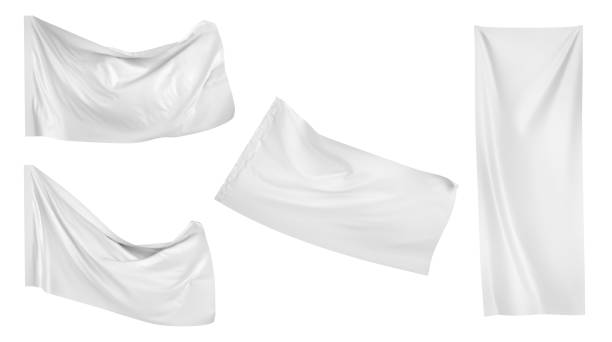 White cloth flags and banners on a white background. 3d illustration stock photo
