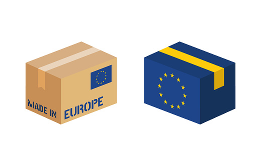 Cardboard packaging with European Union flag icons, made in Europe box