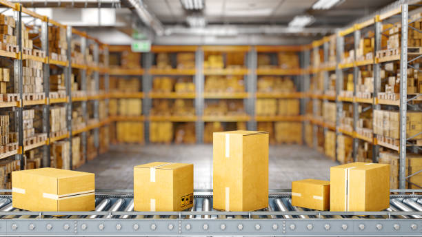 istock Conveyor belt in the forefront, boxes on it, warehouse with shelves on a blurred background, 3d illustration 1400564674