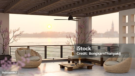 istock Modern contemporary luxury hotel lounge interior design with beautiful river view in the background 1400564947