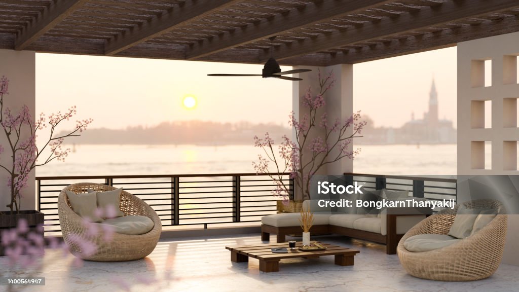 Modern contemporary luxury hotel lounge interior design with beautiful river view in the background Modern contemporary luxury hotel lounge interior design with beautiful river view in the background, lounge sofa, wicker armchairs, coffee table and stylish decor plants. 3d rendering, 3d illustration Lake Stock Photo