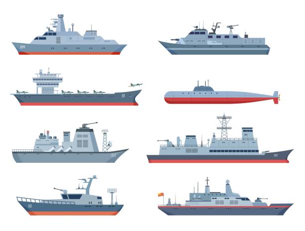 kapal militer. kapal angkatan laut, transportasi laut atau laut. kapal perang dengan pesawat tempur. kapal selam datar, kapal perang, dan speedboat yang terisolasi. kapal set vektor yang tepat - kapal tempur kapal perang ilustrasi stok