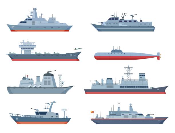 военные катера. военно-морской корабль, морской или морской транспорт. военный катер с истребителями. изолированная плоская подводная лодк - destroyer stock illustrations