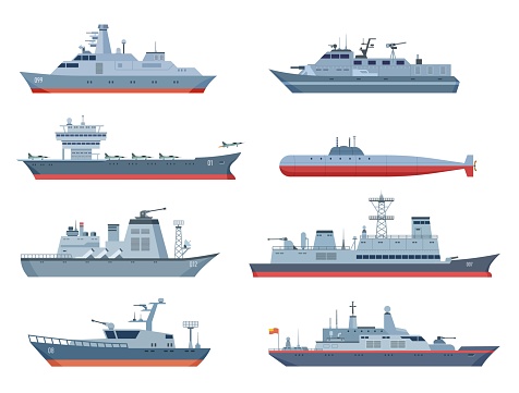 Military boats. Navy ship, sea or ocean transport. War boat with fighter aircraft. Isolated flat submarine, battleship and speedboat. Vessels exact vector set of navy ship, sea military illustration