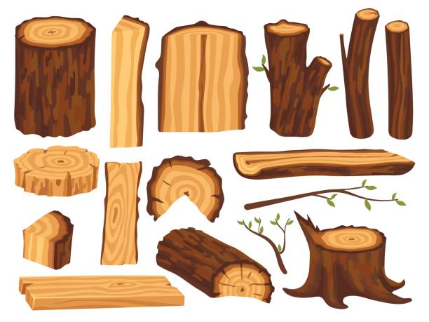 illustrazioni stock, clip art, cartoni animati e icone di tendenza di legno di cartone animato. tronchi e tronchi di legno, legni di legno. rami di alberi, oggetti forestali naturali isolati. materiali ecologici per la costruzione, set vettoriale pulito - lumber industry timber wood plank