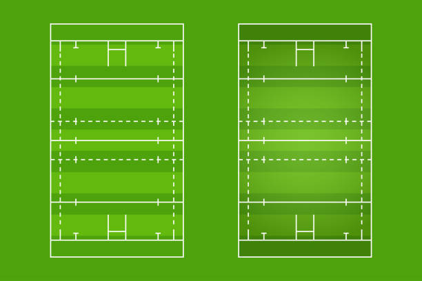 rugby-court-flat-design, rugger-feldgrafik-illustration, vektor des rugby-platzes und layout. - rugby field stock-grafiken, -clipart, -cartoons und -symbole