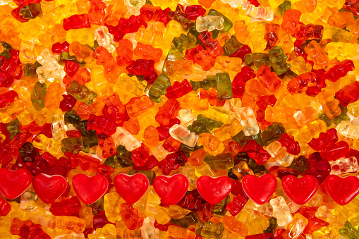 Delicious Colorful Gummy Bears Candy with Red Hearts