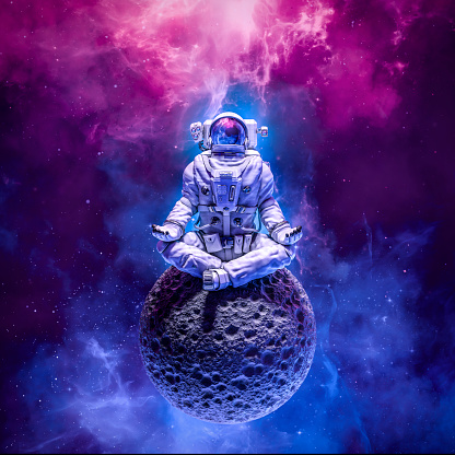 3D illustration of science fiction space suited figure in yoga lotus pose on small asteroid in outer space