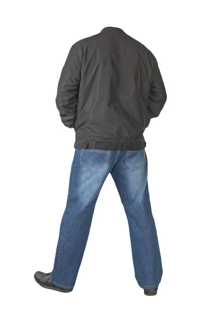 istock dark blue jeans, black leather shoes, jacket isolated on white background. 1400571165