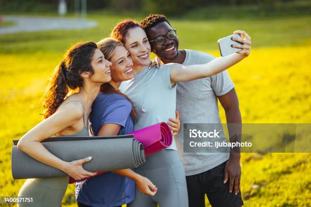 People group taking selfie at yoga excursion