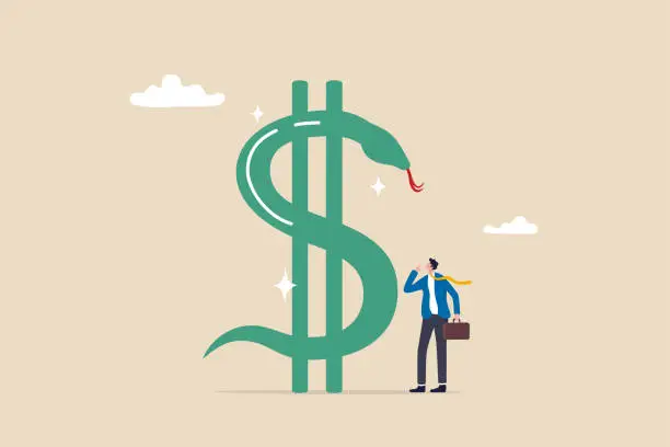 Vector illustration of Financial risk, gambling money or investment risk, danger money game, opportunity to make profit and lose money concept, businessman investor looking at giant snake dollar sign and think wisely.