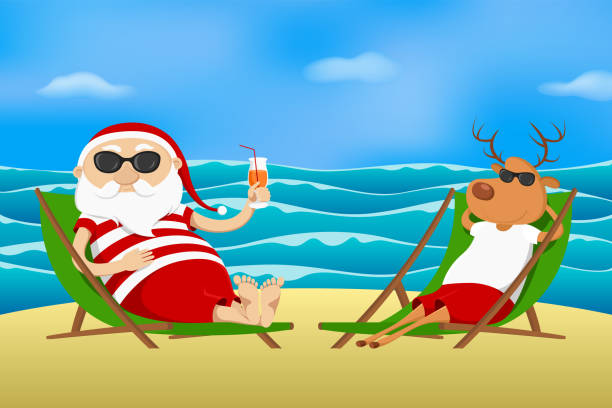 Santa and reindeer on vacation. Vector illustration vector art illustration