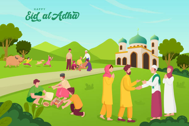 ilustrações, clipart, desenhos animados e ícones de feliz eid al-adha mubarak cartão de saudação com atividade variante de povos muçulmanos celebrando eid al-adha - muslim culture