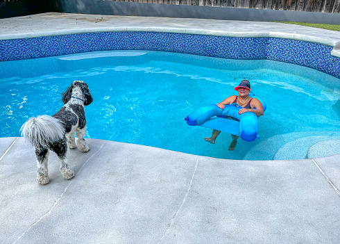 Attractive senior Hispanic woman in swimming pool with old english sheepdog looking on