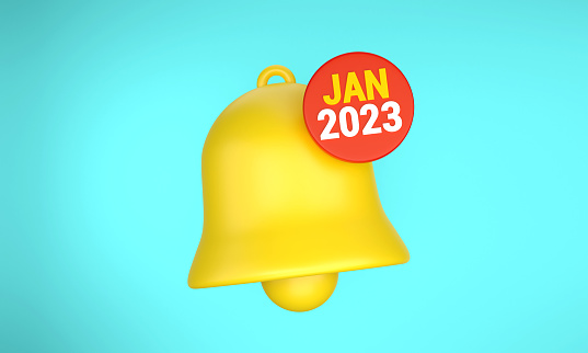 Yellow Notification Bell With January 2023 Message On Blue Background. New Notification Alert.