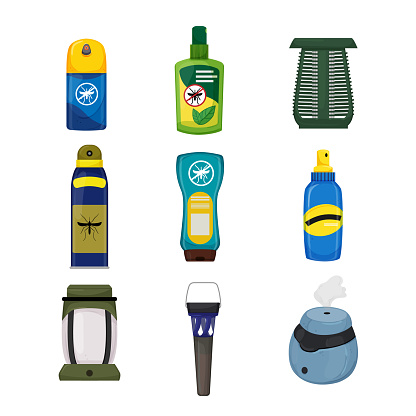 bug spray, mosquito insect, insecticide repellent, protection aerosol, malaria fly cartoon icons set vector illustrations