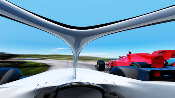 rear view of fast moving generic red race car leading  group on a race track, motion blur,  3D, car of my own design.