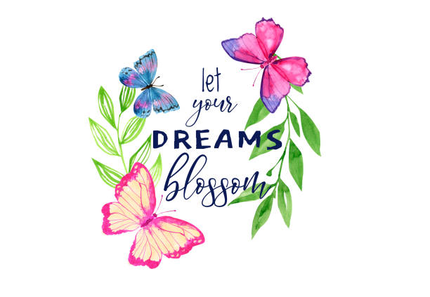 istock Romantic cute butterflies illustration print  with Positive Quotes. Inspirational quote slogan text and butterfly. Let your dreams blossom 1400581282