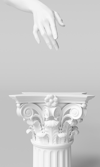 Manos blancas de mujer 3d mostrando, llegando desde arriba, señalando y presentando gesto al producto cosmético. Renderizado en 3D photo