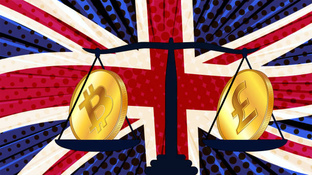 ilustrações, clipart, desenhos animados e ícones de moeda de ouro do bitcoin btc e libra britânica gbp em escalas e bandeira colorida da grã-bretanha em segundo plano. banco central da inglaterra adota leis sobre ativos digitais cbdc. - british flag currency banking uk