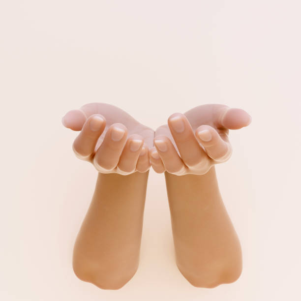 almosen geben weiblichen leeren händen oder präsentieren etwas. 3d-rendering mit ausgestreckten armen - handfläche stock-fotos und bilder