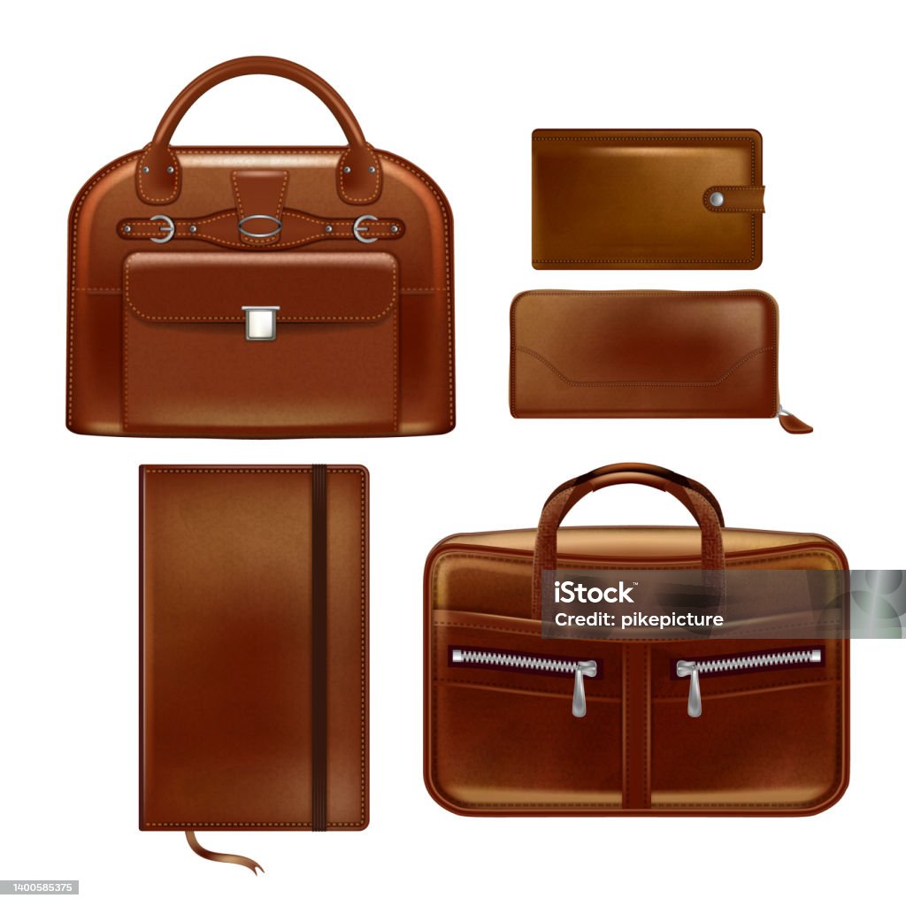Leather Business Accessories Set 3d Realistic Vector Stock Illustration -  Download Image Now - iStock