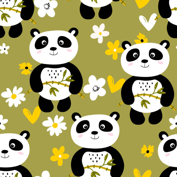 Seamless Pattern With Cute Panda Baby On Color Background Funny Asian  Animals Card Postcards For Kids Flat Vector Illustration For Fabric Textile  Wallpaper Poster Gift Wrapping Paper Stock Illustration - Download Image